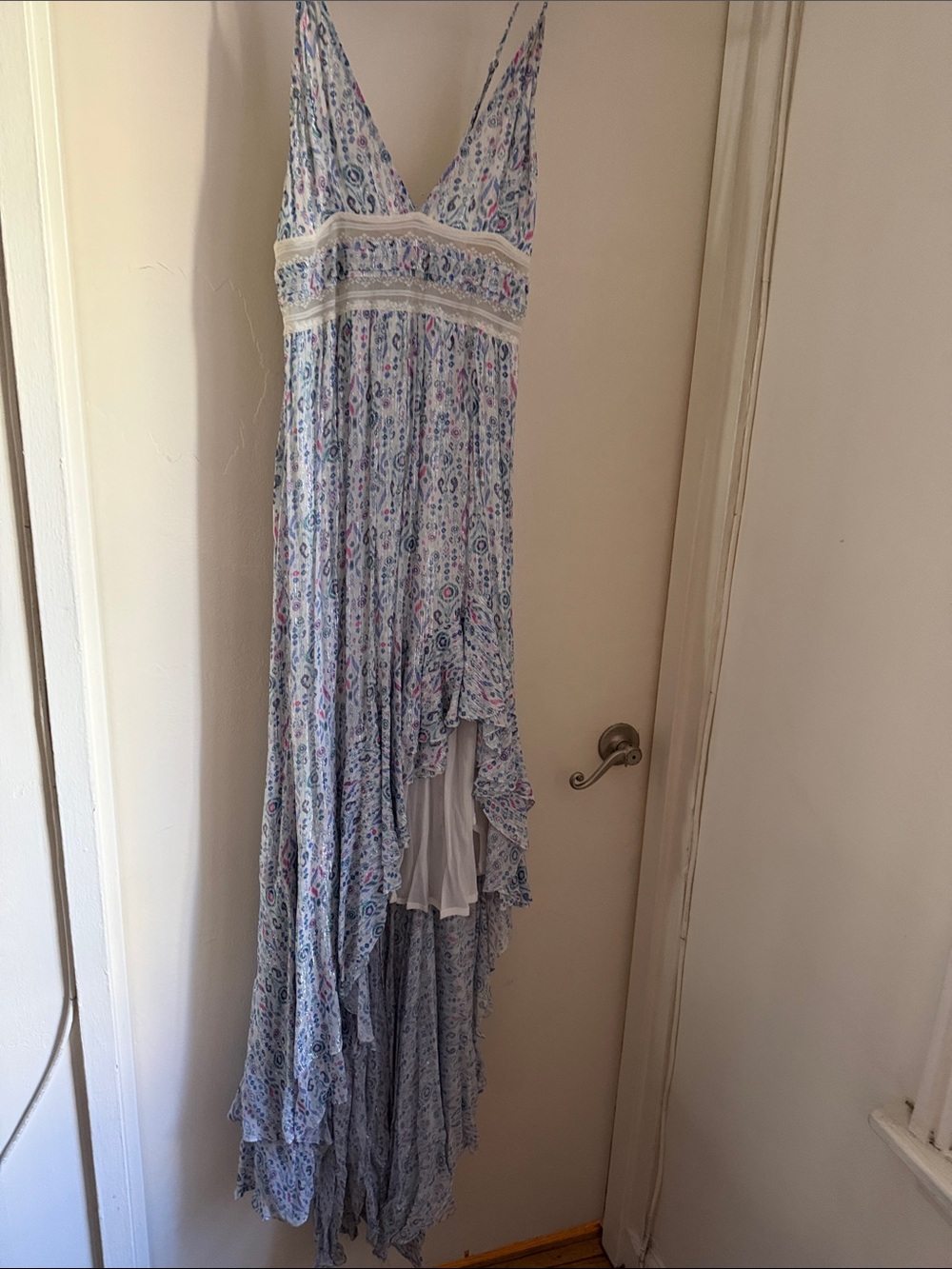Rococo Sand Light Blue Floral Lace-Trim High-Low Maxi Dress